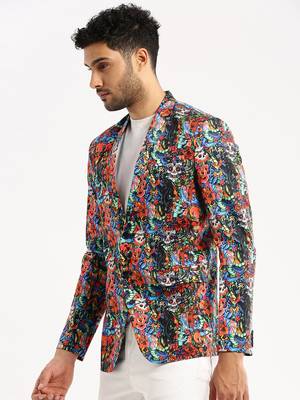Men's Long Sleeves Printed Notched Lapel Multi Slim Fit Blazer 3