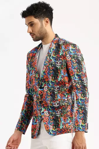 Men's Long Sleeves Printed Notched Lapel Multi Slim Fit Blazer