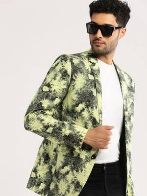 Men's Long Sleeves Printed Notched Lapel Yellow Slim Fit Blazer 1