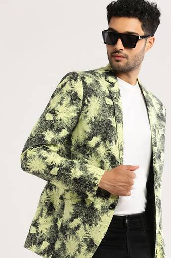 Men's Long Sleeves Printed Notched Lapel Yellow Slim Fit Blazer