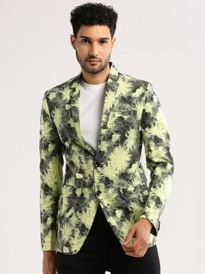 Men's Long Sleeves Printed Notched Lapel Yellow Slim Fit Blazer 2