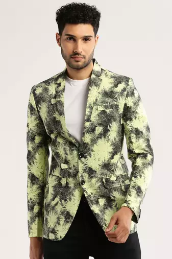 Men's Long Sleeves Printed Notched Lapel Yellow Slim Fit Blazer