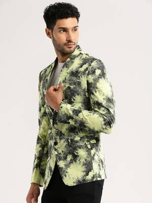 Men's Long Sleeves Printed Notched Lapel Yellow Slim Fit Blazer 3