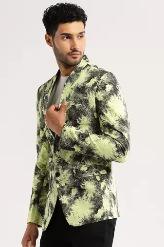 Men's Long Sleeves Printed Notched Lapel Yellow Slim Fit Blazer