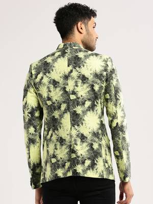Men's Long Sleeves Printed Notched Lapel Yellow Slim Fit Blazer 4