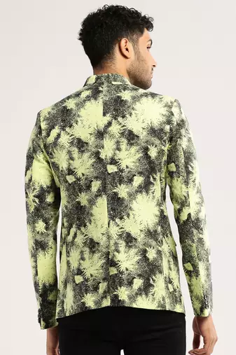 Men's Long Sleeves Printed Notched Lapel Yellow Slim Fit Blazer