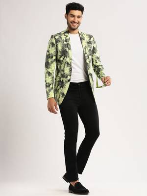 Men's Long Sleeves Printed Notched Lapel Yellow Slim Fit Blazer 5