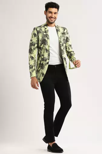 Men's Long Sleeves Printed Notched Lapel Yellow Slim Fit Blazer