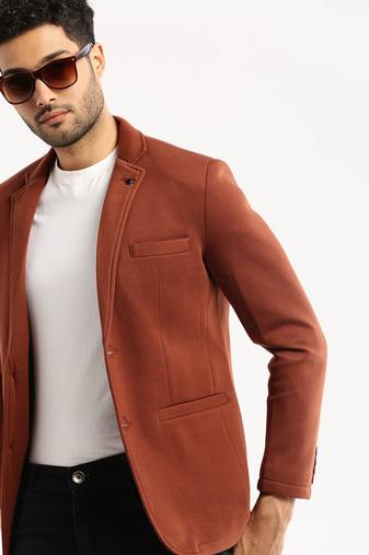 SHOWOFF Men's Long Sleeves Solid Notched Lapel Brown Slim Fit Blazer