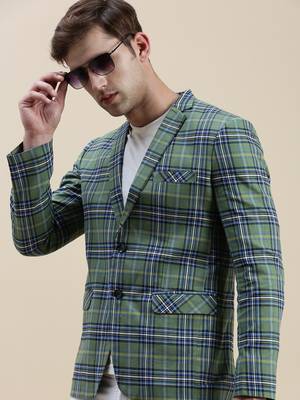 Men's Checked Slim Fit Notched Lapel Green Single-Breasted Blazer 1