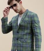 Men's Checked Slim Fit Notched Lapel Green Single-Breasted Blazer