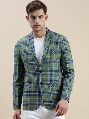 Men's Checked Slim Fit Notched Lapel Green Single-Breasted Blazer 2