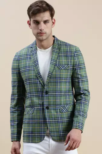 Men's Checked Slim Fit Notched Lapel Green Single-Breasted Blazer