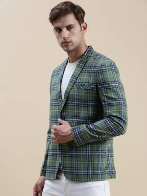 Men's Checked Slim Fit Notched Lapel Green Single-Breasted Blazer 3