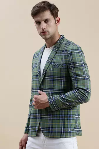 Men's Checked Slim Fit Notched Lapel Green Single-Breasted Blazer
