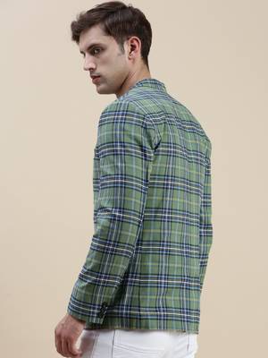 Men's Checked Slim Fit Notched Lapel Green Single-Breasted Blazer 4