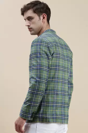 Men's Checked Slim Fit Notched Lapel Green Single-Breasted Blazer