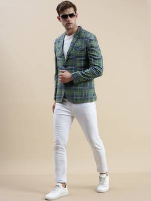 Men's Checked Slim Fit Notched Lapel Green Single-Breasted Blazer 5
