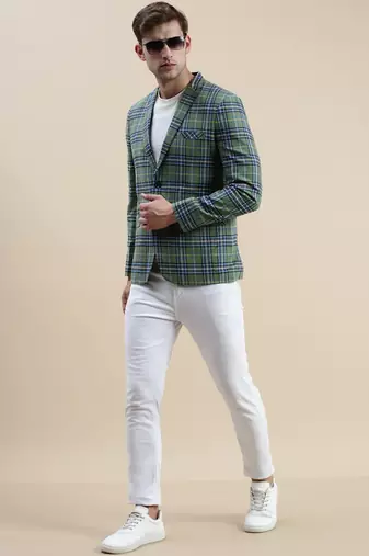 Men's Checked Slim Fit Notched Lapel Green Single-Breasted Blazer