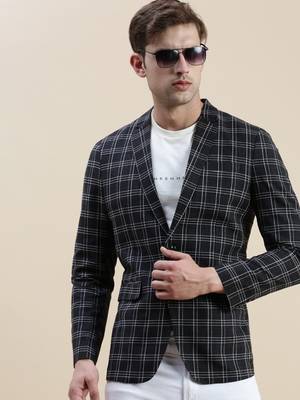 SHOWOFF Men's Checked Slim Fit Notched Lapel Black Single-Breasted Blazer 1