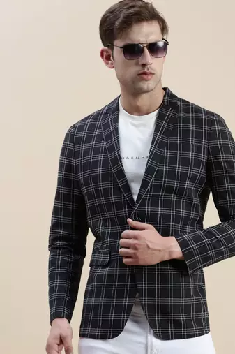 SHOWOFF Men's Checked Slim Fit Notched Lapel Black Single-Breasted Blazer