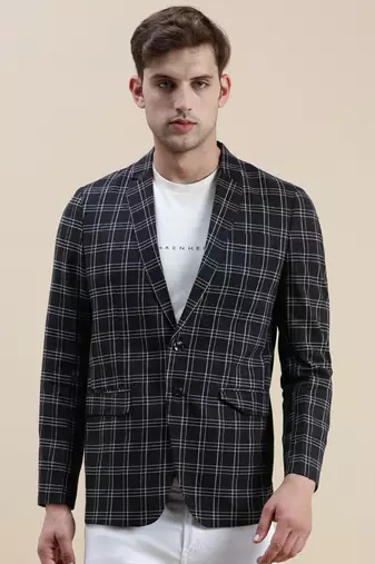 SHOWOFF Men's Checked Slim Fit Notched Lapel Black Single-Breasted Blazer