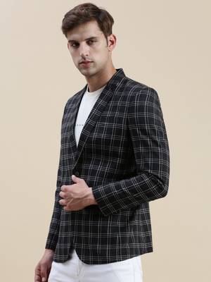 SHOWOFF Men's Checked Slim Fit Notched Lapel Black Single-Breasted Blazer 3