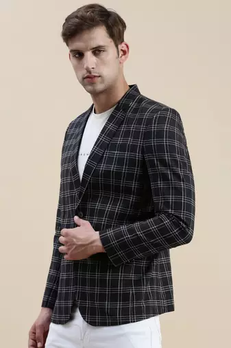SHOWOFF Men's Checked Slim Fit Notched Lapel Black Single-Breasted Blazer