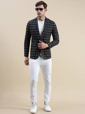 SHOWOFF Men's Checked Slim Fit Notched Lapel Black Single-Breasted Blazer 5