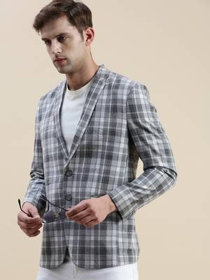 Men's Checked Slim Fit Notched Lapel Grey Single-Breasted Blazer 1