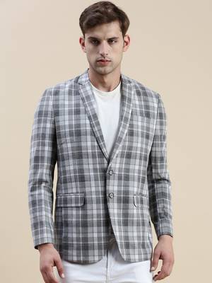 Men's Checked Slim Fit Notched Lapel Grey Single-Breasted Blazer 2