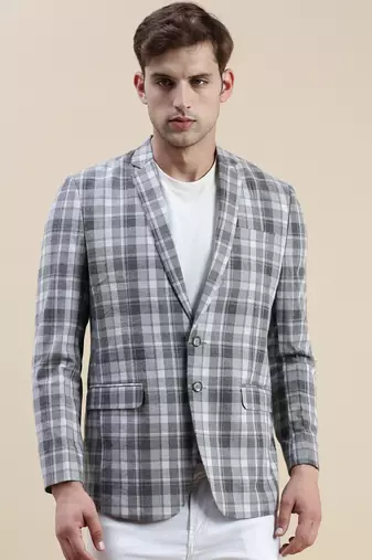 Men's Checked Slim Fit Notched Lapel Grey Single-Breasted Blazer