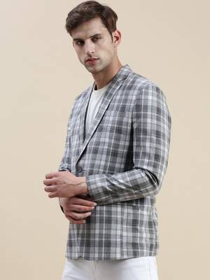 Men's Checked Slim Fit Notched Lapel Grey Single-Breasted Blazer 3