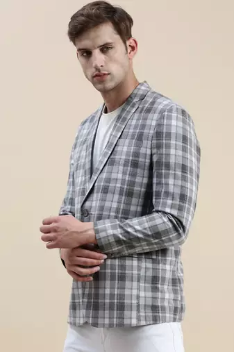 Men's Checked Slim Fit Notched Lapel Grey Single-Breasted Blazer