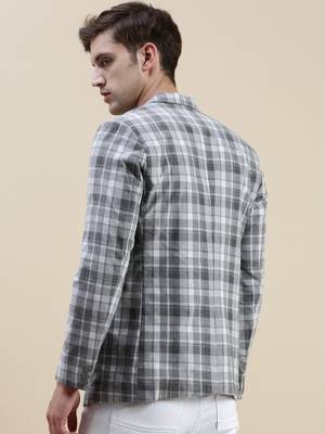 Men's Checked Slim Fit Notched Lapel Grey Single-Breasted Blazer 4