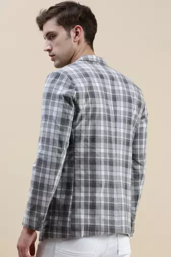 Men's Checked Slim Fit Notched Lapel Grey Single-Breasted Blazer