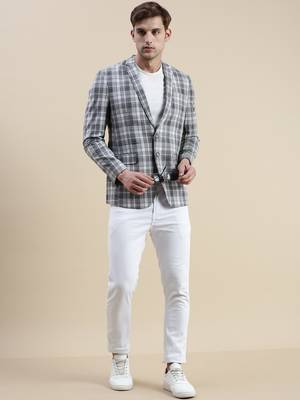 Men's Checked Slim Fit Notched Lapel Grey Single-Breasted Blazer 5