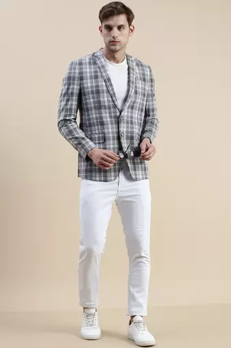 Men's Checked Slim Fit Notched Lapel Grey Single-Breasted Blazer