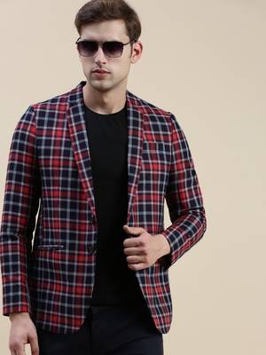 SHOWOFF Men's Checked Slim Fit Notched Lapel Red Single-Breasted Blazer 1