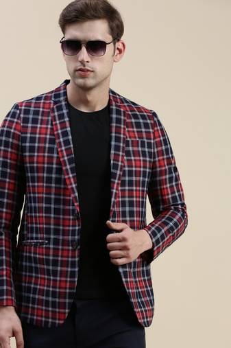 SHOWOFF Men's Checked Slim Fit Notched Lapel Red Single-Breasted Blazer