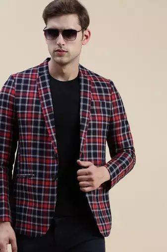 SHOWOFF Men's Checked Slim Fit Notched Lapel Red Single-Breasted Blazer