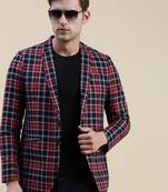 SHOWOFF Men's Checked Slim Fit Notched Lapel Red Single-Breasted Blazer