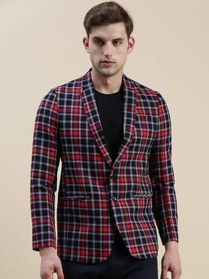 SHOWOFF Men's Checked Slim Fit Notched Lapel Red Single-Breasted Blazer 2