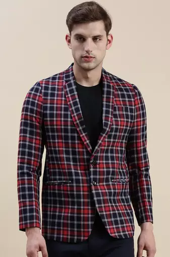 SHOWOFF Men's Checked Slim Fit Notched Lapel Red Single-Breasted Blazer