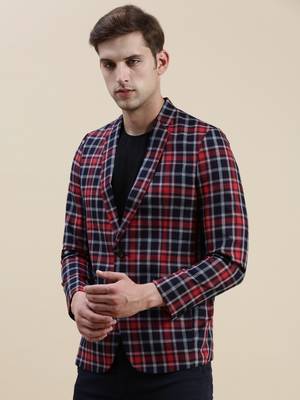 SHOWOFF Men's Checked Slim Fit Notched Lapel Red Single-Breasted Blazer 3