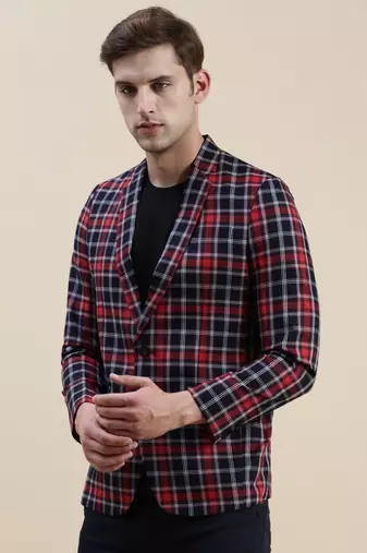 SHOWOFF Men's Checked Slim Fit Notched Lapel Red Single-Breasted Blazer