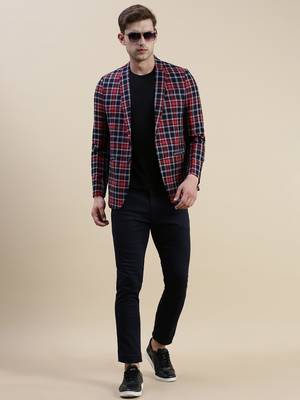 SHOWOFF Men's Checked Slim Fit Notched Lapel Red Single-Breasted Blazer 5