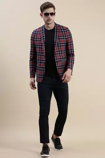 SHOWOFF Men's Checked Slim Fit Notched Lapel Red Single-Breasted Blazer