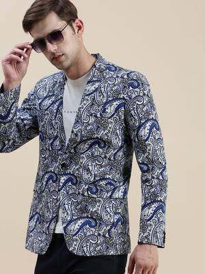 Men's Printed Slim Fit Notched Lapel Blue Single-Breasted Blazer 1