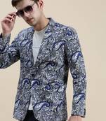 Men's Printed Slim Fit Notched Lapel Blue Single-Breasted Blazer